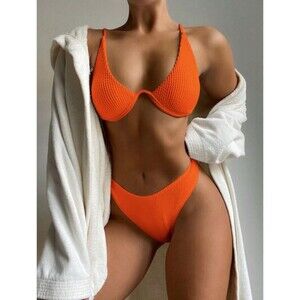 SHEIN Two Piece Bathing Suit Solid Textured Bright Orange Bikini  Size Small
